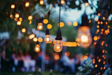 Elegant outdoor networking event with string lights illuminating