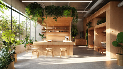 Serene Wood and Green Plant-Themed Workspace for Creative Inspiration