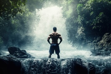 Obraz premium Strong man stands in front of powerful waterfall surrounded by lush green jungle