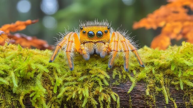 Fuzzy orange spider on mossy log