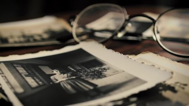 Vintage Eyeglasses Rest On Old Faded Photographs Evoking Memories Past