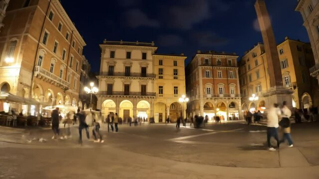 Historic Italian Piazza Time Lapse Sunset Transitioning to Lively Nightlife Mantua
