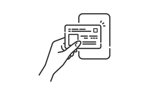 recommend clip art: 身分証のマイナンバーカードを端末にタッチして読み取るベクターアイコン (線画・モノクロ)