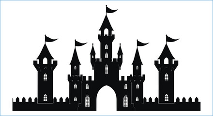 Fototapeta premium Black Silhouette Of A Medieval Castle With Flags On White Background