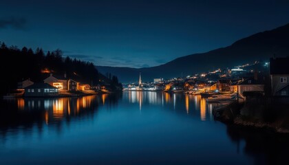 Obraz premium Serene lakeside town at night, houses illuminated, tranquil waters reflecting city lights, moon, lake