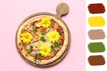 Tasty pizza and beautiful flowers on pink background. Different color patterns