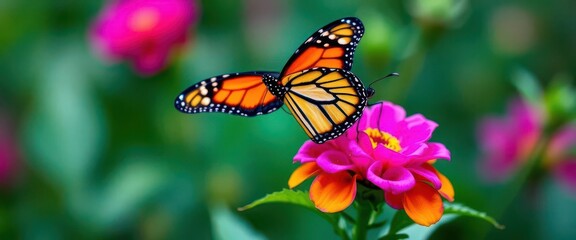 Obraz premium Vibrant monarch butterfly delicately perched on a bright bloom, botany, beauty