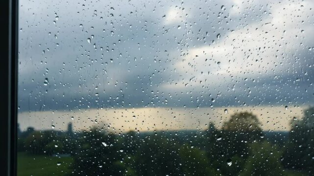 Raindrops on Window Glass as Sun Breaks Through Storm Clouds Timelapse