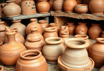 Clay pots in various stages of creation, showing shaping and drying processes, sculpture, vintage
