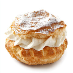 A single cream puff pastry with powdered sugar on top and filled with white cream