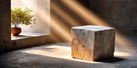 Stone cube in light with potted plant by window in textured room with sun rays