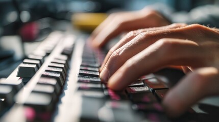 Obraz premium Close-up of hands typing on a keyboard. (1)