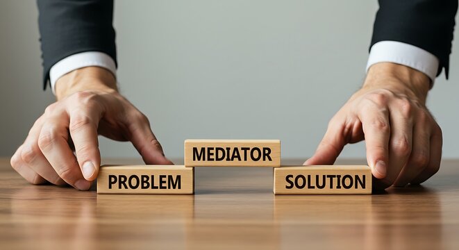 Hands positioning wooden blocks to highlight problem solving via mediation - business concept - corporate media