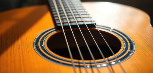 Fototapeta premium Close-up of acoustic guitar, sunlit wood grain, strings in focus, classic, music