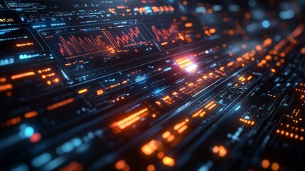 A futuristic trading terminal displaying holographic charts with crypto symbols. 3