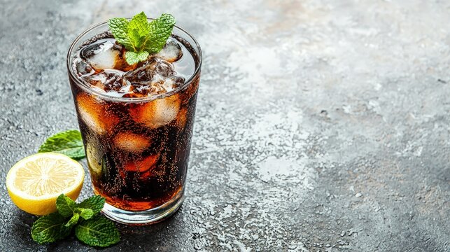 Glass of iced cola with mint and lemon on a textured gray surface, ideal for drink promotions, summer refreshment campaigns, and beverage branding visuals
