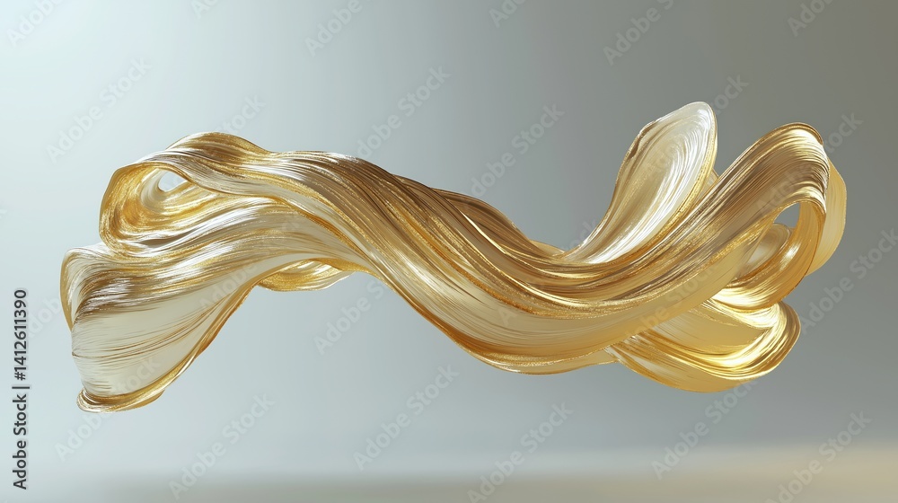 Poster Golden abstract brushstroke swirl floating on light background with smooth flowing texture and elegant metallic shine