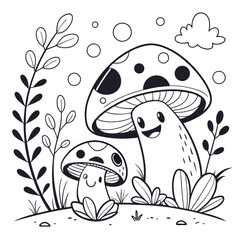 Mushrooms in the grass and forest nature design evoke a seamless underwater animal illustration