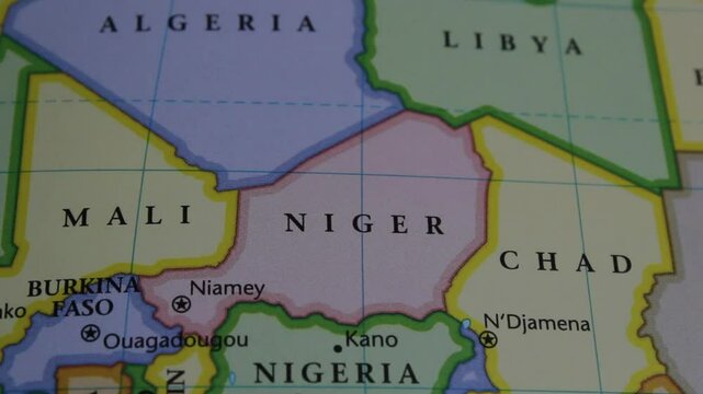 close up of the country of Niger viewed on a wold map as a travel concept. Niger on a map. Political map of Niger 
