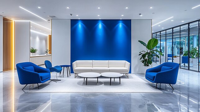 Modern, bright office waiting area with a blue accent wall
