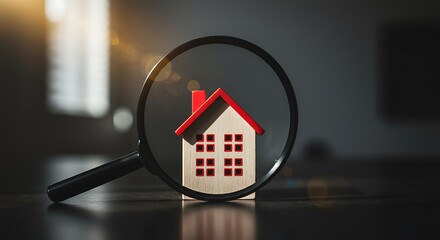 House model viewed through a magnifier ? Finding the right property ? Real estate or home decor.