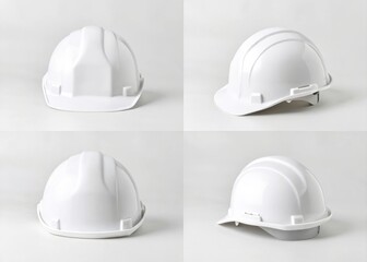 Blank Safety helmet mockup White hard hats displayed from multiple angles, symbolizing safety in construction environments.