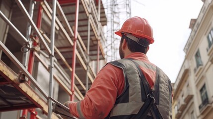 Construction worker adjusting scaffolding for safety. Featuring safety and teamwork