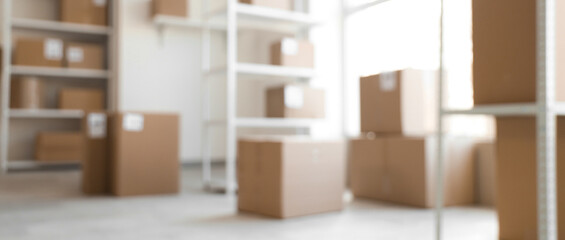 Blurred view of warehouse with shelf units and cardboard boxes