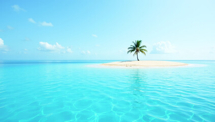 a small sandy island with one palm tree in the middle of the ocean