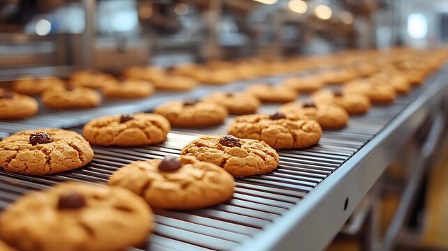 Industrial Cookie Production Line, A conveyor belt with freshly baked cookies in a factory setting, showcasing industrial baking