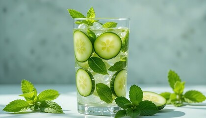 water infused with cucumber slices and fresh mint leaves.  ,  Infused water, cucumber mint, healthy water, 