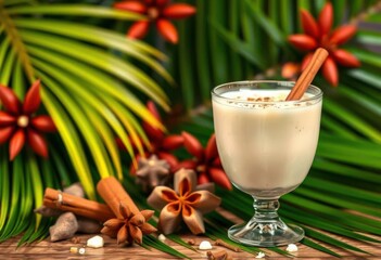 Creamy spiced eggnog in glass, tropical palm leaves background, food, tropical background
