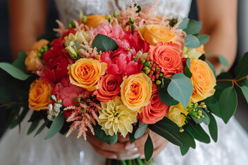 Obraz premium Close-up view of hands presenting a vibrant bouquet of flowers at a joyful celebration