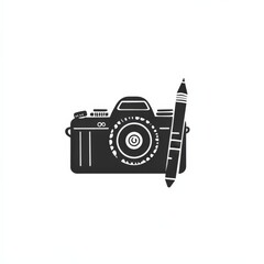 Obraz premium Black and White Illustration of a Camera with a Pencil for Design
