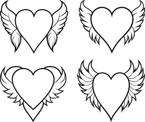 Winged Heart Outline Set – Black and White Heart with Wings Tattoo Style Vectors 