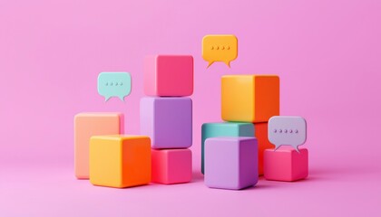 Obraz premium Colorful Cubes with Speech Bubbles on Pink Background