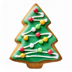 Christmas tree sugar cookie decorated with green icing and candy ornaments isolated on white
