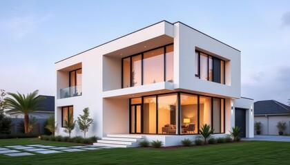 Sleek minimalist home exterior, geometric lines, large windows, cladding, modern facade