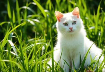 A pristine white cat sits amidst lush green grass, sunlight dappling its fur, white cat, nature