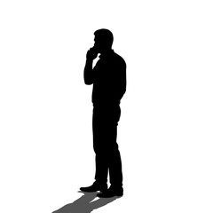 Silhouette of a man thinking in contemplation against a white background  