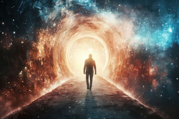 A lone figure walks towards a bright light at the end of a path surrounded by cosmic energy and colors