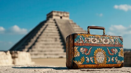 A suitcase decorated with Aztec patterns, sitting in front of a Mexican pyramid 