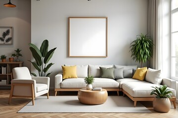 Cozy Modern Open-Concept Living Room with Indoor Plants and Wall Frame