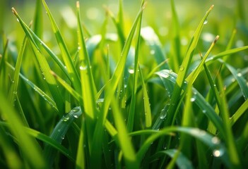 Emerald green grass blades, glistening with large dew drops, hyper macro detail, hyper macro, plant
