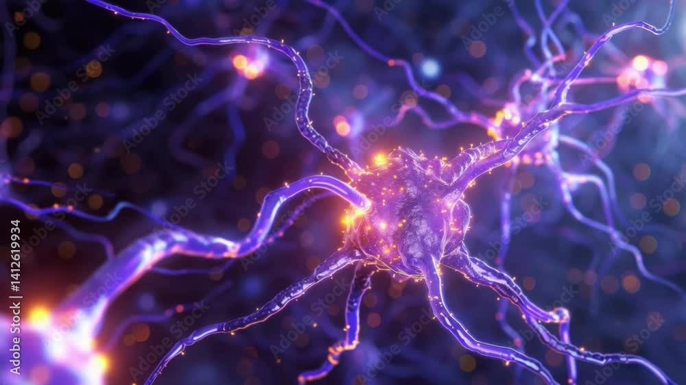 Poster glowing neurons exploring intricate structure and connection of cells in nervous system and their vi
