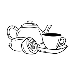 teapot, cup, and lemon line art