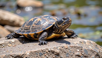 Fototapeta premium Turtle basking on a rock beside a tranquil water body with sunlight filtering through trees