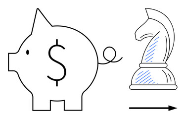 Piggy bank with dollar sign and chess knight figure connected by arrow. Ideal for finance, saving, strategy, planning, decision-making, investment, business growth. Flat simple metaphor