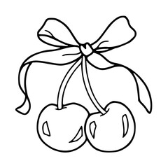 a black and white drawing of a two cherries with a bow	