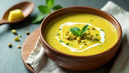 Creamy vegan soup, pistachio garnish, wicker, spoon, wooden spoon, top view, healthy food